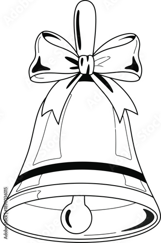 A beautifully illustrated bell adorned with a ribbon, showcasing elegant simplicity in a classic black and white illustration style from a front viewpoint.