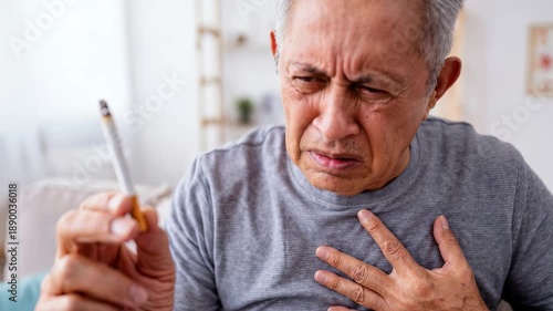 Senior man holding cigarette with chest pain and discomfort expression, smoking health risk and heart disease warning concept.