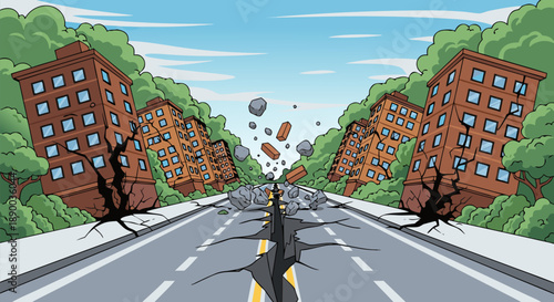 Vector illustration of a city street with buildings damaged by an earthquake, showing cracks and debris
