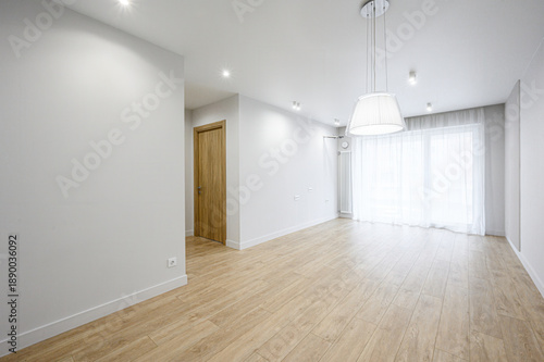 Wallpaper Mural A bright, minimalist room with light wooden flooring, white walls, recessed ceiling lights, a pendant lamp, sheer curtains, and a wooden door — clean, airy, modern space. Torontodigital.ca