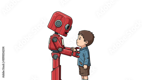 A concerned red robot gently holds a young boy's hand, conveying care, empathy, and the protective bond between artificial intelligence and humanity in a touching, ill...