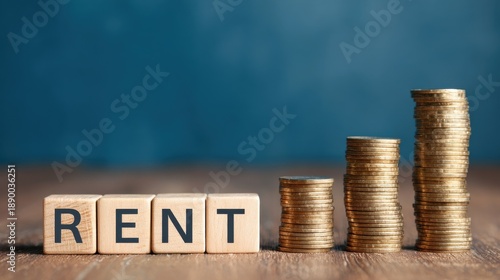 Wallpaper Mural Wooden blocks spelling RENT next to rising stacks of gold coins on a wooden table against a blue background, representing increasing housing costs and inflation. Torontodigital.ca