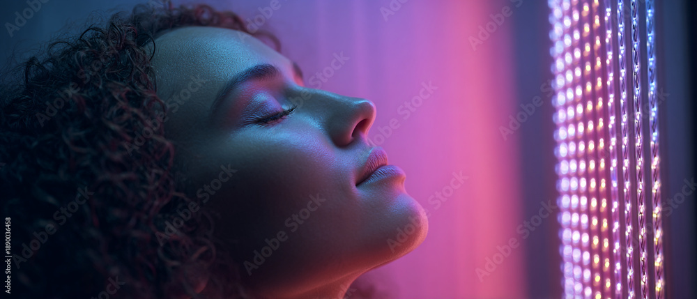 Fototapeta premium A serene woman with curly hair relaxing under colorful LED light therapy