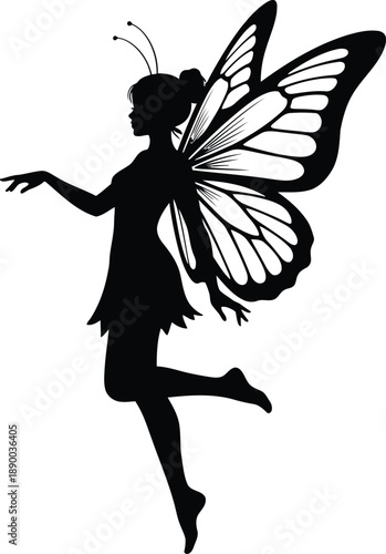 A whimsical fairy with butterfly wings dancing in mid-air, captured from a side view