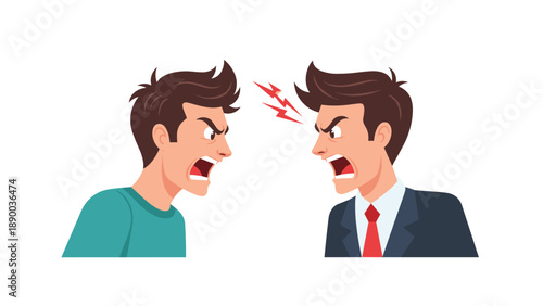 Two angry men with mouths open in shouts and fists clenched, facing each other with red lightning bolts between them, illustrating conflict and heated arguments.