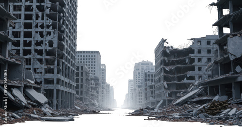 Destroyed cityscape with rubble strewn across the street between damaged buildings evoking scenes of urban devastation and disaster destruction architecture collapse war ruin