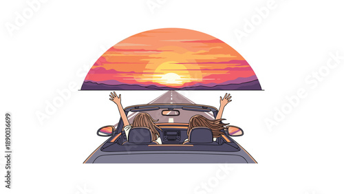Two friends enjoying a scenic road trip at sunset in a convertible car, with their hands raised in excitement and freedom, against a vibrant sky.