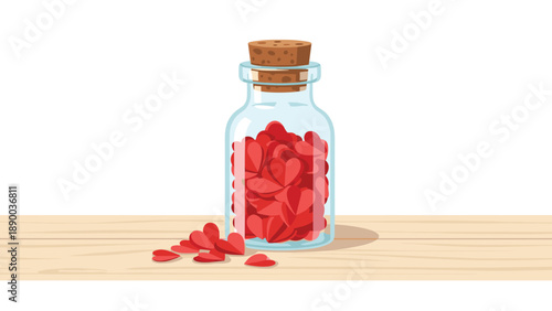 A small glass bottle filled with red heart-shaped confetti, with a cork stopper, placed on a wooden surface, symbolizing love and affection.