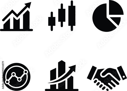 Solid business finance vector icons set featuring handshake agreement pie chart and stock market candlestick trends.