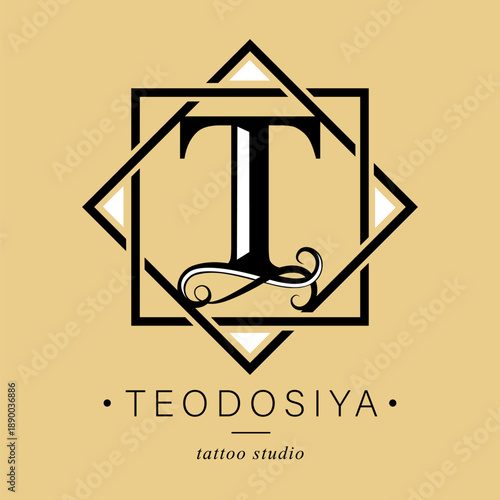 Logo, capital letter T. There is a botanical monogram in two squares - T. with organic plant elements. Vector design. beauty salon. for a tattoo studio.