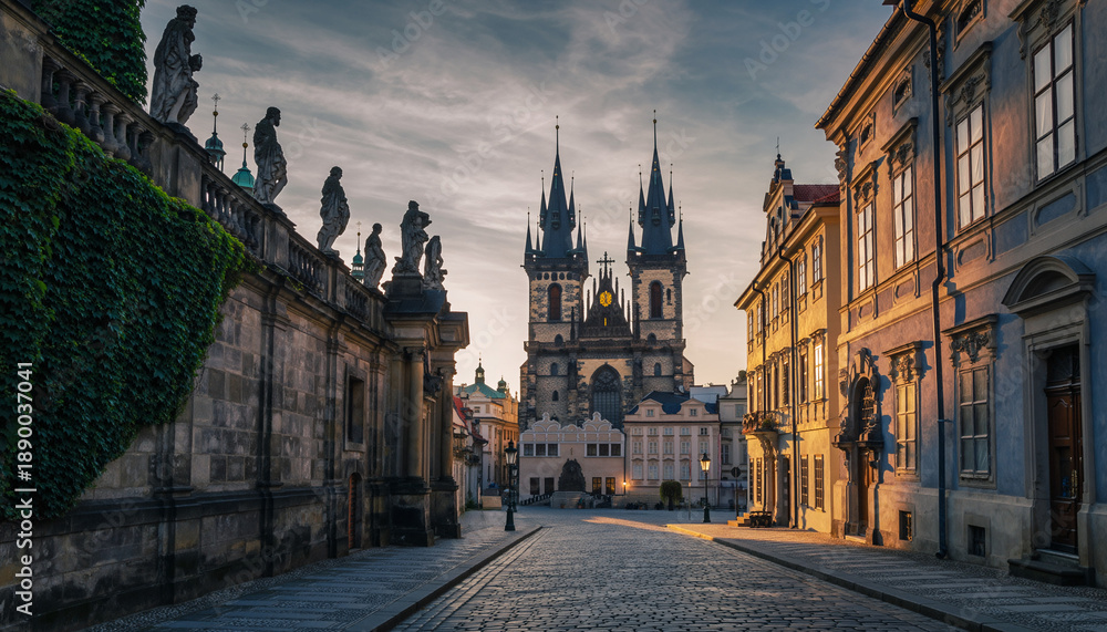 Fototapeta premium Cobblestone Street Leading to Gothic Cathedral in Old Town