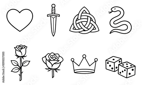 Hand drawn line art symbol set featuring a heart, dagger, celtic knot, snake, roses, crown and dice for various design projects
