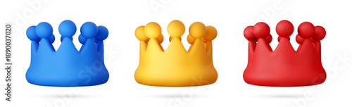 Collection of 3D colorful cartoon crowns, one blue, one yellow, and one red, for king or queen symbol or game reward. Vector illustration