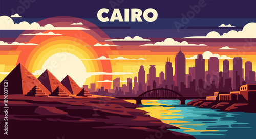 Cairo Egypt Skyline Vector Illustration at Sunset with Pyramids and Nile River