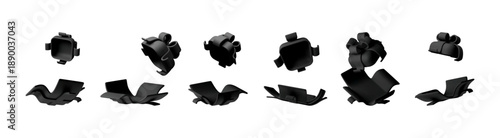Set of black minimalist 3d gift boxes and bows in various open and closed states. Modern vector illustration for packaging, surprise, Christmas