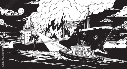 Nighttime Firefighting Operation on a Burning Cargo Ship at Sea