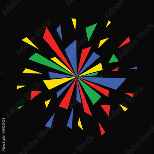 Vibrant abstract explosion of colorful geometric shards bursting outwards on a dark background, symbolizing energy, celebration, and dynamic movement in modern design.