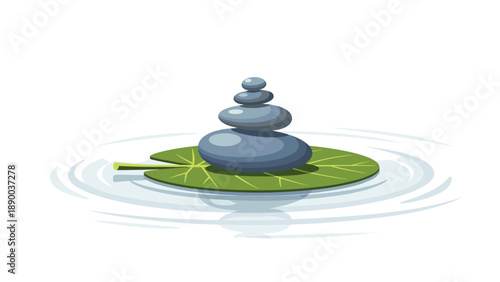 A stack of smooth, grey zen stones resting on a green lily pad, floating on gently rippling water, evoking a sense of peace and tranquility.