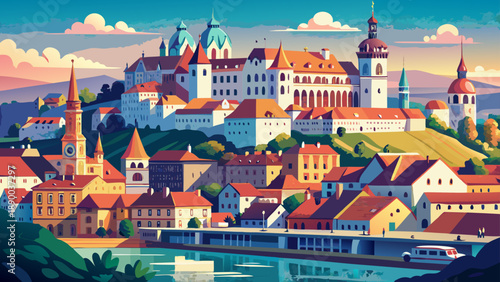 Very beautiful historical center of Bratislava with the castle overlooking the Danube River, blending medieval charm, colorful rooftops, and elegant European city atmosphere.