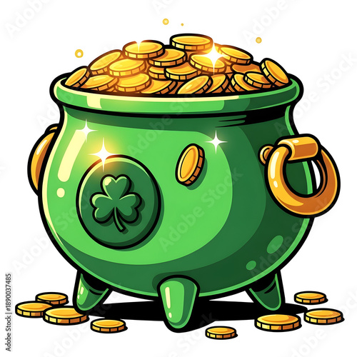 A cartoon green pot of gold coins isolated on transparent background
