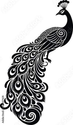 Ornate peacock illustration showcasing vibrant plumage from a side view