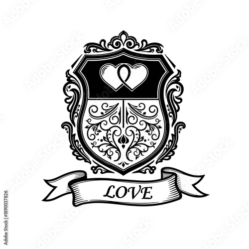Ornate Black and White Shield with Love.