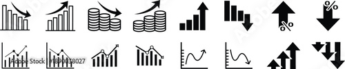 Black and white business graph and chart icons with arrows