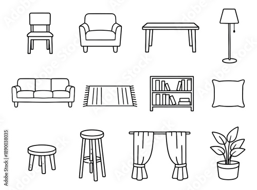 Hand drawn line art home furniture set featuring seating, tables, shelving, and accessories for interior design