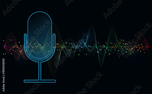Sound wave of a music equalizer. Optical waves of different colors. Outline drawing of a retro-style music microphone.