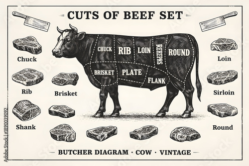 Vintage butcher diagram cow illustration showing cuts of beef meat sections, traditional beef chart with labeled steak portions for butchery education, culinary reference, restaurant menu design, food