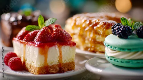 Obraz  z motywem Assorted gourmet desserts including cheesecake, macarons, and berry pastries, beautifully arranged for a luxury dessert display