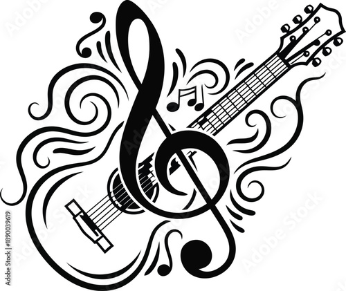 A guitar intertwined with a treble clef surrounded by swirling musical notes and flourishes