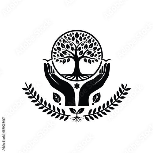 Black and White Symbol of Hands Cradling a Tree of Life with Roots and Leaves for Environmental Protection and Ecology Concept