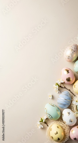 Pastel Easter Eggs with Gold Glitter and Roses Flat Lay Background