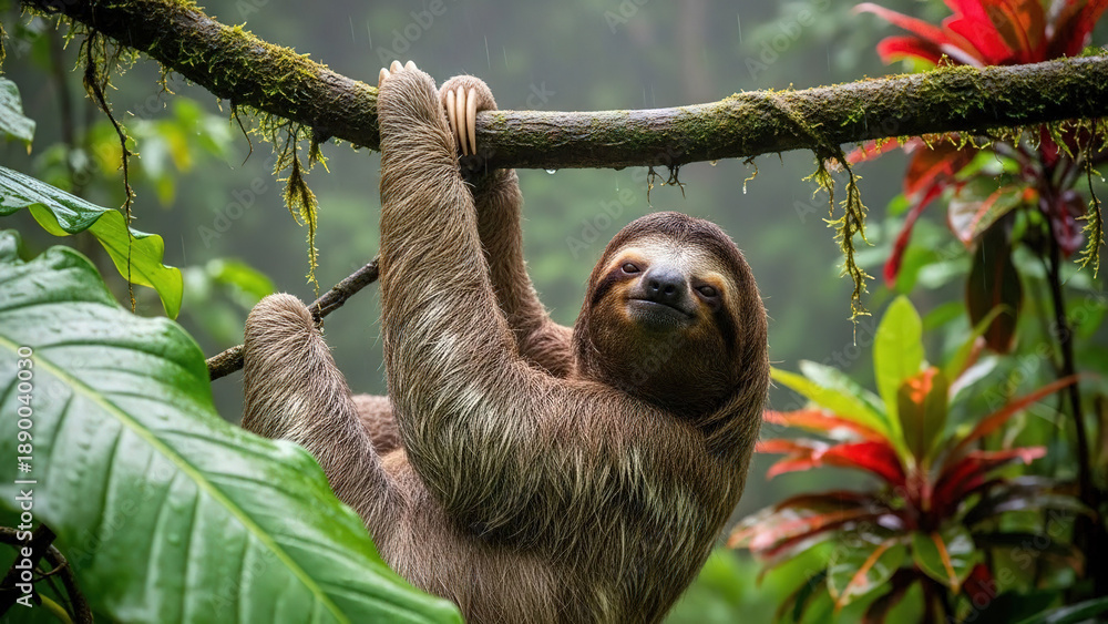 Naklejka premium Sloth Hanging from Tree Branch in Tropical Rainforest