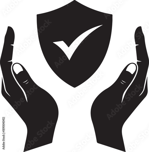 Protective hands cradling a shield with a checkmark symbolizing safety and approval viewed from a straightforward perspective in a simple illustration style