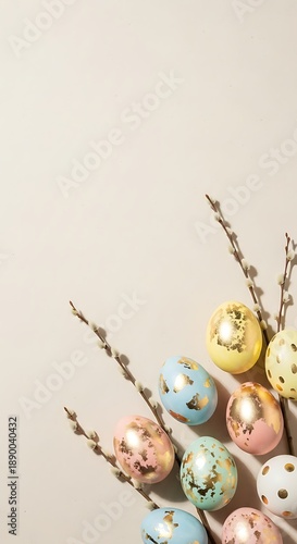 Pastel Easter Eggs with Gold Glitter and Roses Flat Lay Background