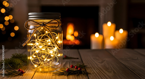 Cozy holiday scene with glowing jar of fairy lights on wooden table
