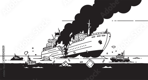 Dramatic Shipwreck Illustration with Vessel Breaking Apart and Burning at Sea