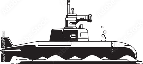 Black and White Illustration of a Submarine Surfacing with Periscope
