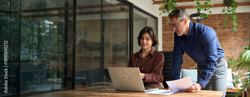 Fotografi Two busy executive managers working on laptop discussing financial documents at meeting