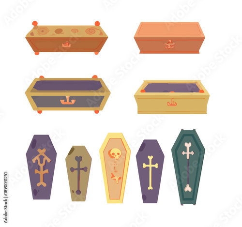 Vector set of coffins, sarcophagi, altar elements, game-ready, flat-style cartoon illustrations.