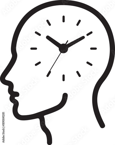 A simple black line drawing of a human head in profile with a clock face inside the cranium viewed from the side illustrating the concept of time and human thought process in a minimalist style