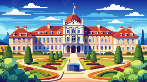 Very beautiful Presidential Palace in Bratislava on a sunny summer day, featuring elegant neoclassical architecture, manicured gardens, and bright blue skies in Slovakia’s capital.