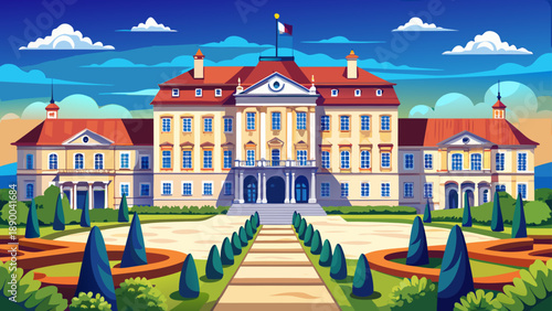 Very beautiful Presidential Palace in Bratislava on a sunny summer day, featuring elegant neoclassical architecture, manicured gardens, and bright blue skies in Slovakia’s capital.