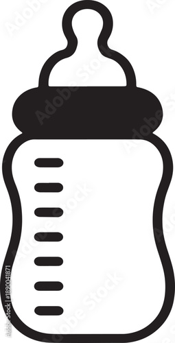 Black and white of a baby bottle with measurement markings infant feeding milk bottle