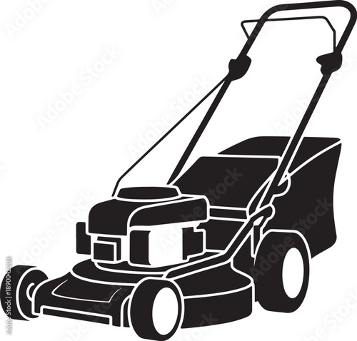 Black and white silhouette of a push lawn mower with a grass catcher grass cutter