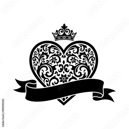 Ornate Heart with Crown and Ribbon.