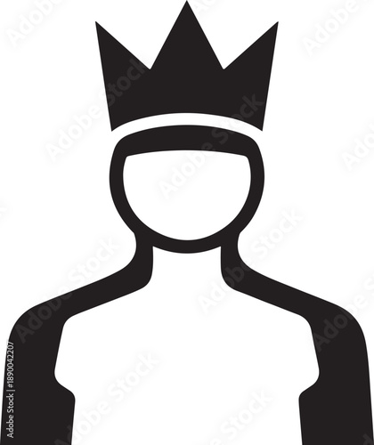 A simple, black-and-white illustration of a person wearing a crown, symbolizing royalty and power, with a minimalist design and clean lines, viewed from the front.