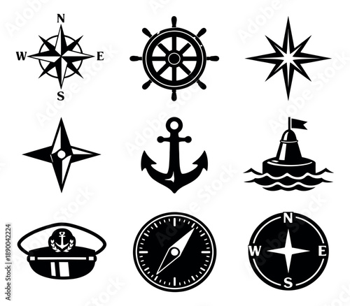 Classic marine symbols set featuring compass roses, a ship's wheel, an anchor, a captain's hat, and a buoy for ocean navigation and travel themes